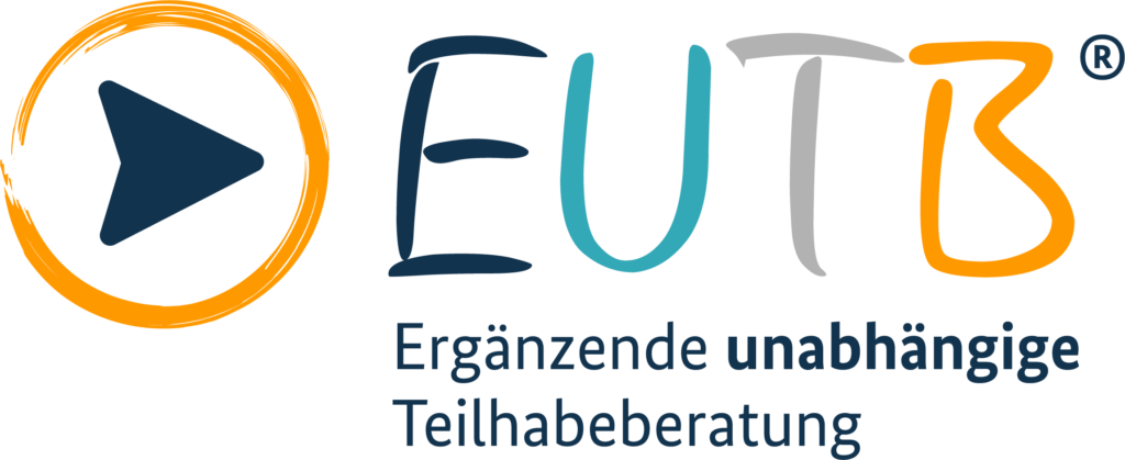 Das EUTB Logo. Vor den EUTB-Buchstaben ist ein Playzeichen. Darunter steht Ergänzende unabhängige Teilhabeberatung.