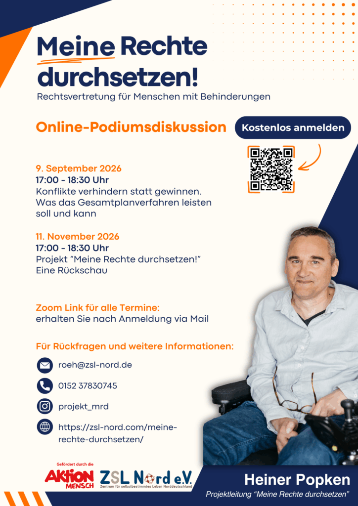 Poster zu Online-Podiumsdiskussionen des Projekts "Meine Rechte durchsetzen!" mit QR-Code zur Anmeldung